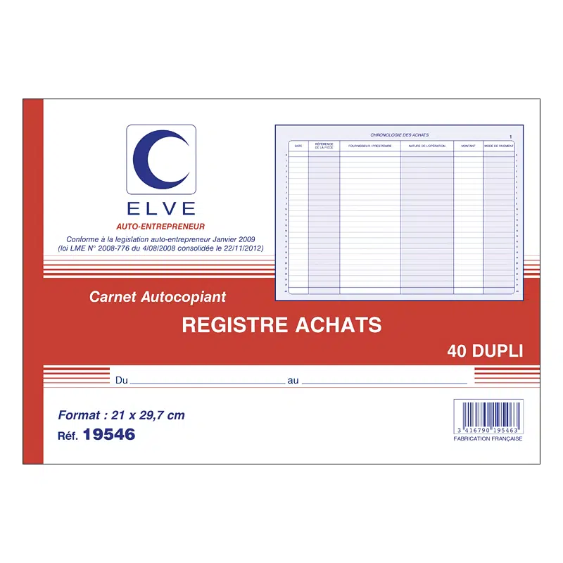 Registre d’achats 40 dupli auto-entrepreneur sans TVA 297 x 210 mm ELVE
