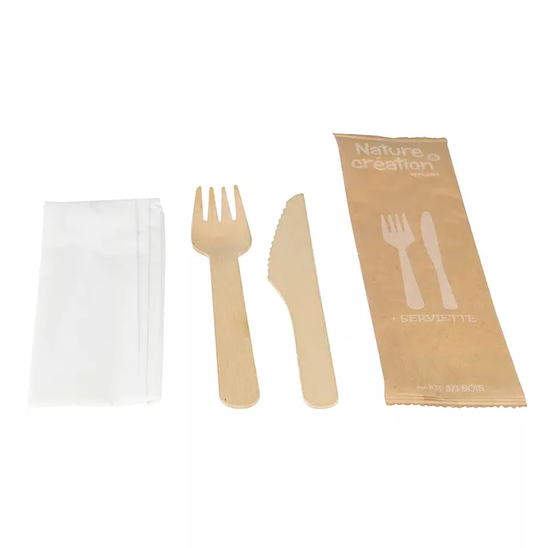 250 kits couverts bois couteaux + fourchettes + serviettes 1 pli