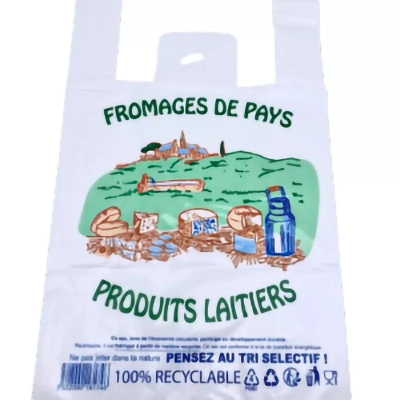 Sac bretelle “Fromage de pays” 26 + 12 x 45 cm 50 µ en PEBD par 500