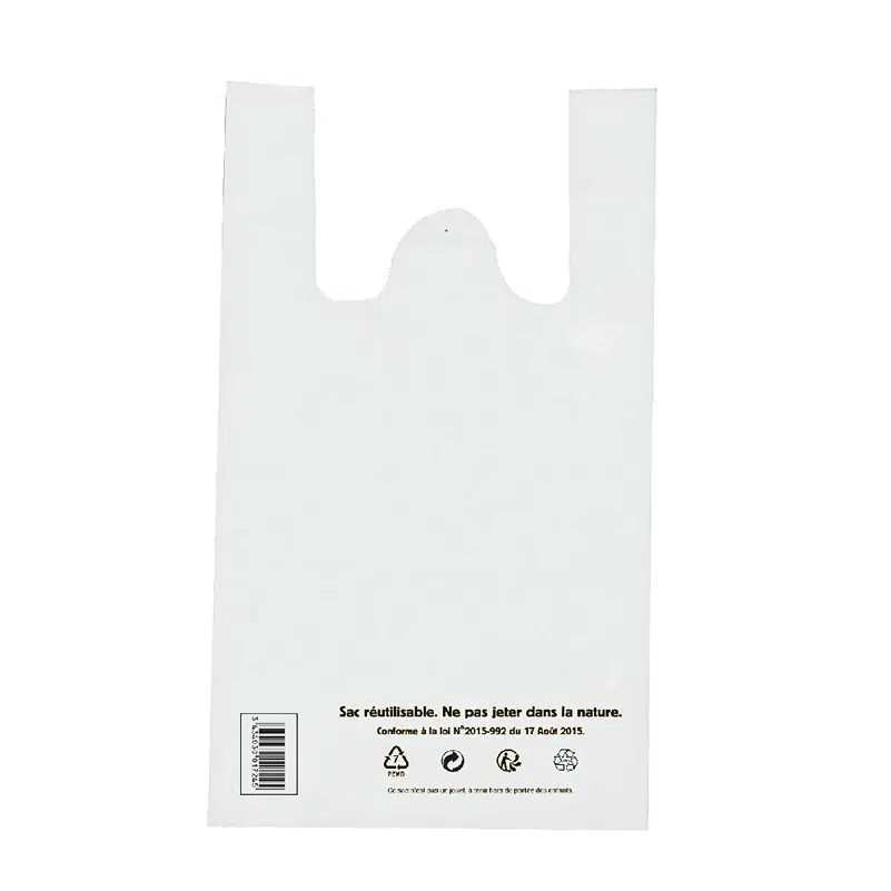 Sac plastique blanc à bretelles gencodé 26 + 12 x 45 cm 50 µ par 500