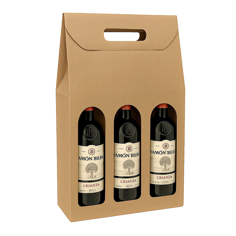 Étui 3 bouteilles carton avec poignée 27 + 9 x 38 cm