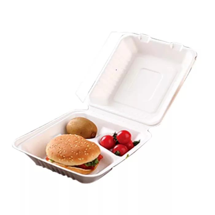 50 biodegradable bagasse 3-compartment boxes 236 x 229 x 85 mm