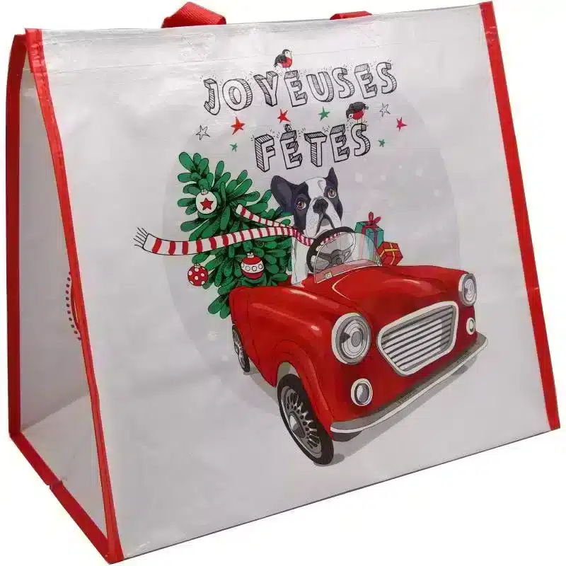 1 bolsa de la compra reutilizable de PP tejido «Perro de Navidad WOODY» 40 + 24 x 35 cm